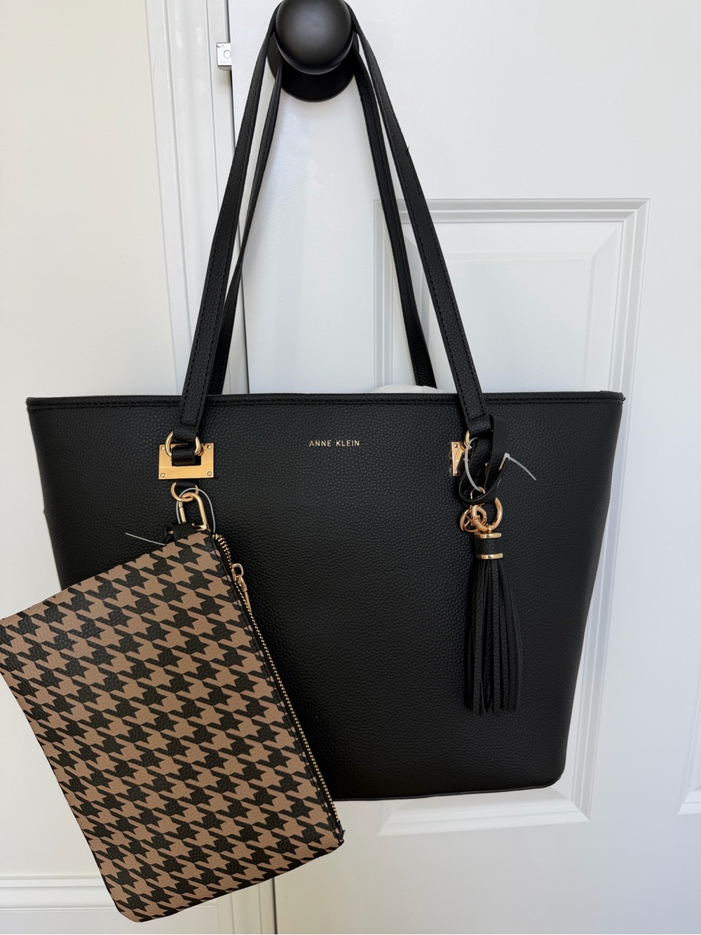 Anne Klein Black Tote with Brown Houndstooth Wristlet